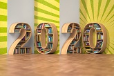 Bookshelves full of books in the shape of 2020