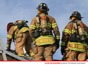 Firefighters climbing a ladder on a roof top.