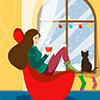 women curled up with book in holiday scene