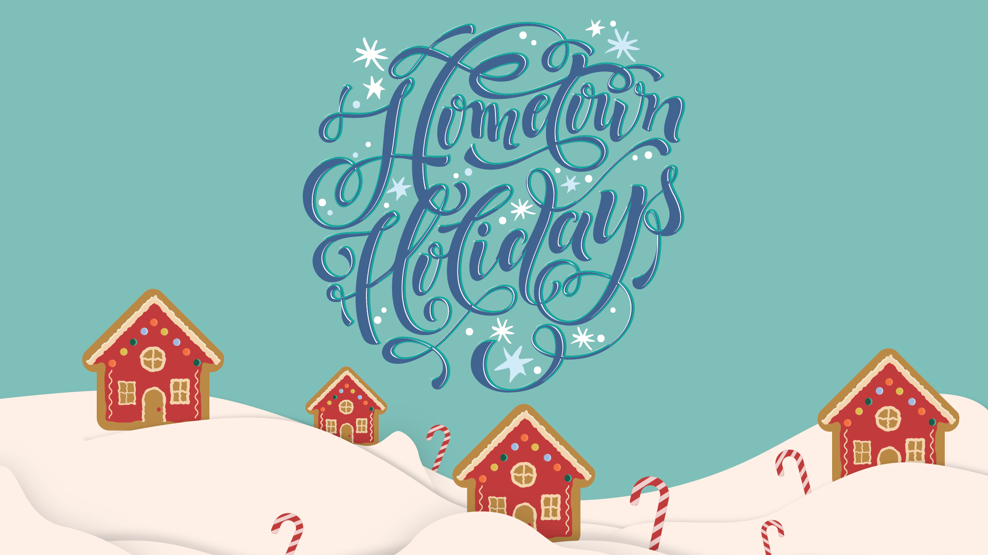 Hometown Holidays logo with gingerbread houses and candy cane decorations