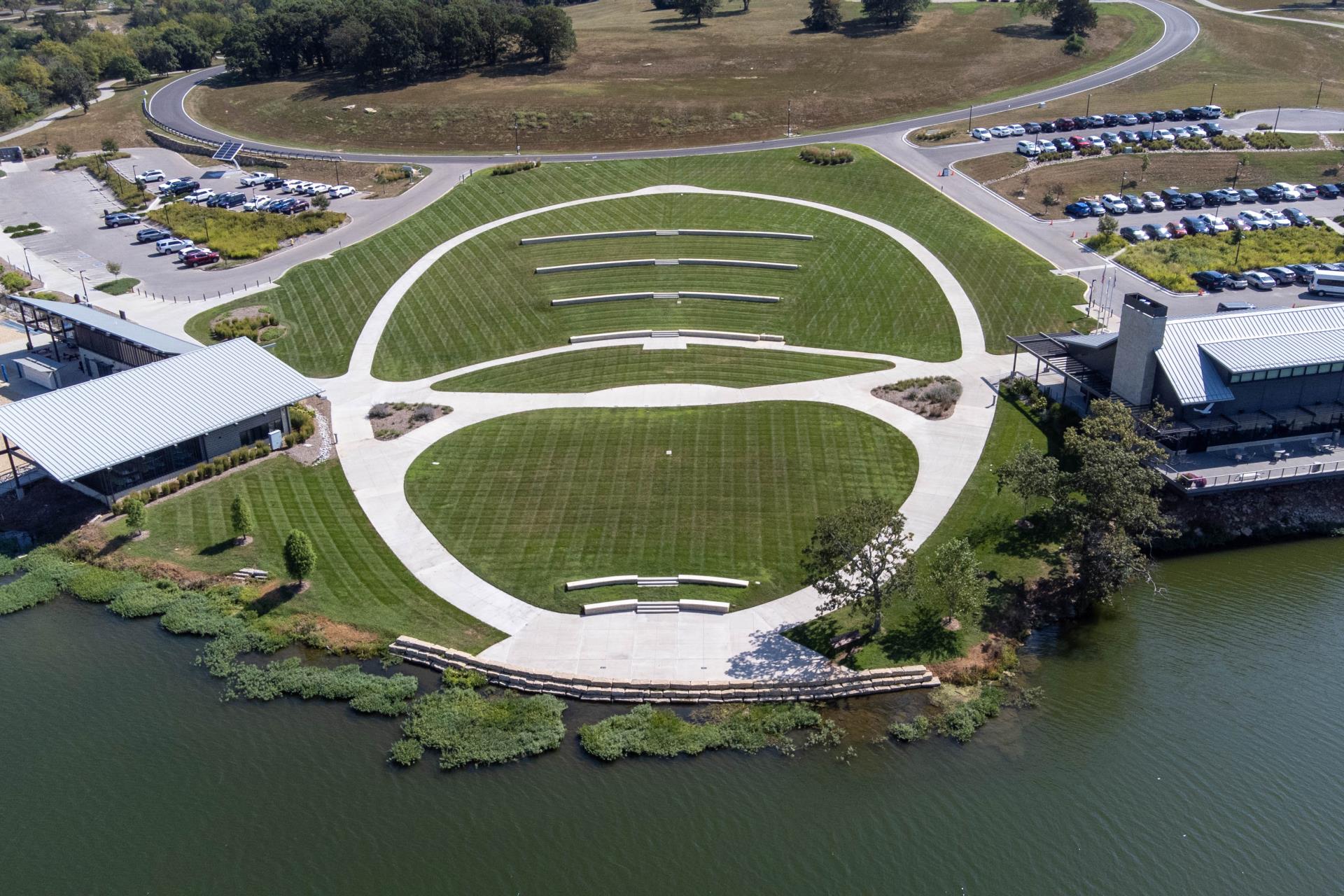 Aerial image of the amphitheater at Lake Olathe