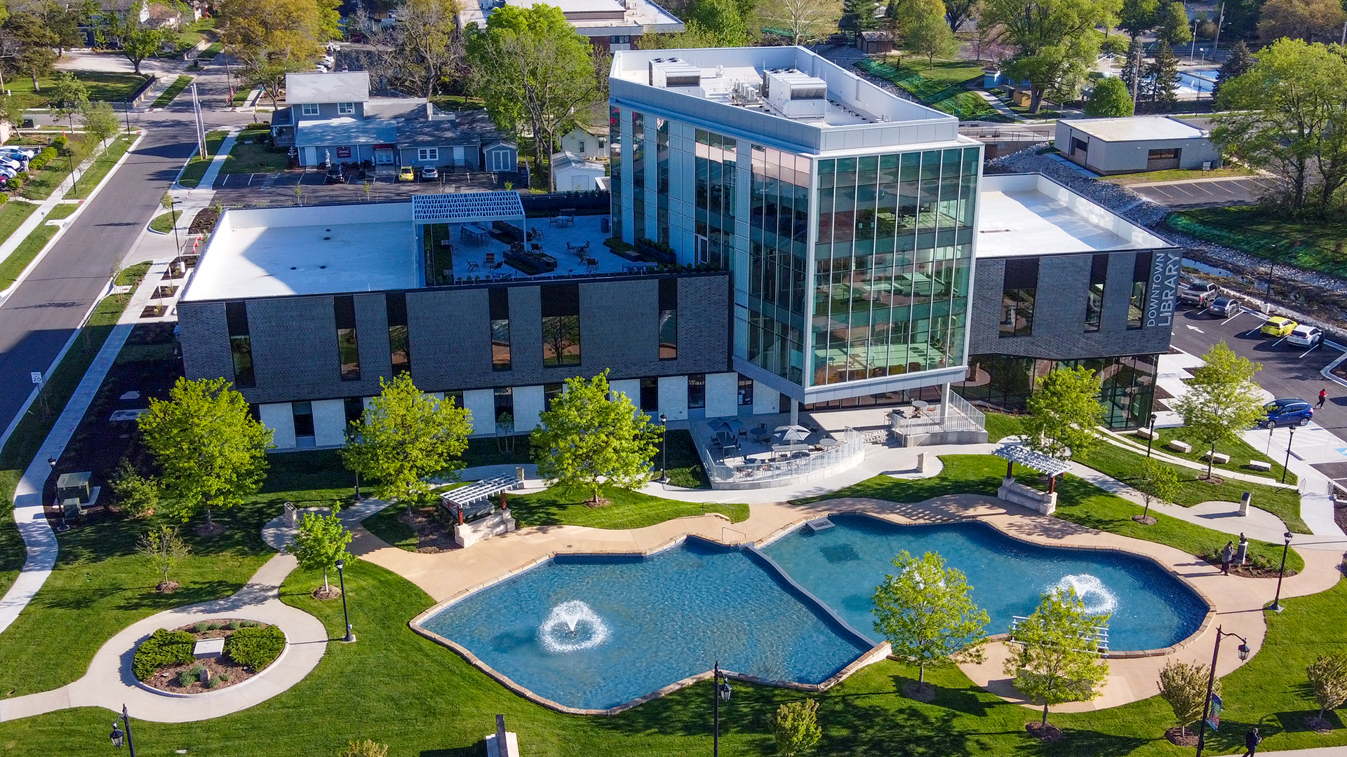 Aerial image of the exterior of the Downtown Olathe Library