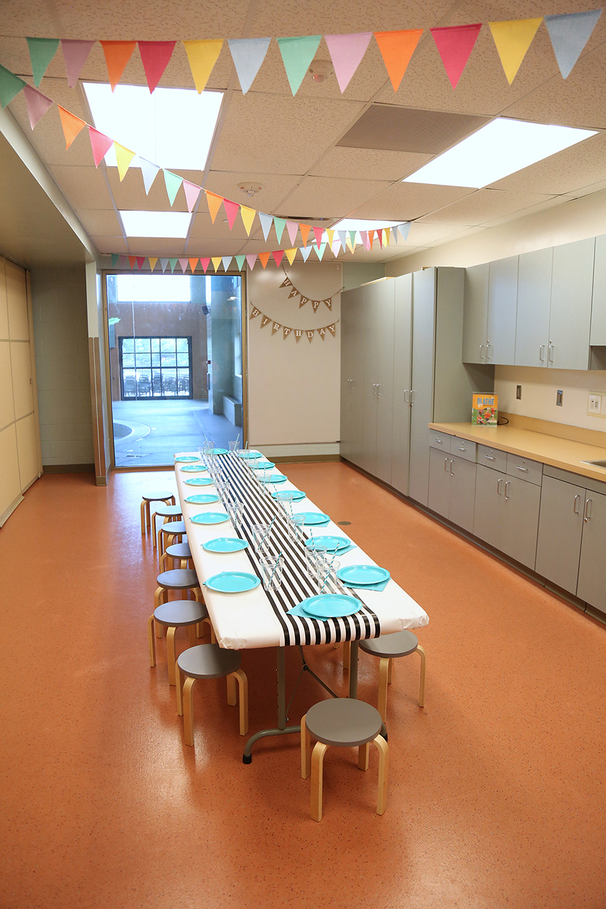 The Olathe Community Center Party room set for a party with decorations