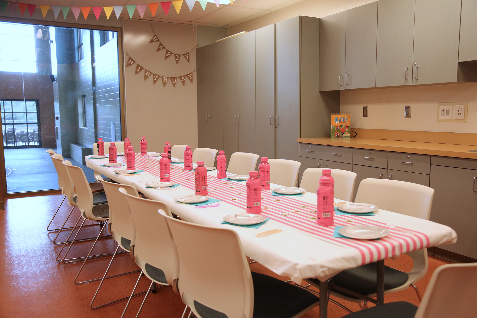 The Olathe Community Center Party room set for a party with decorations