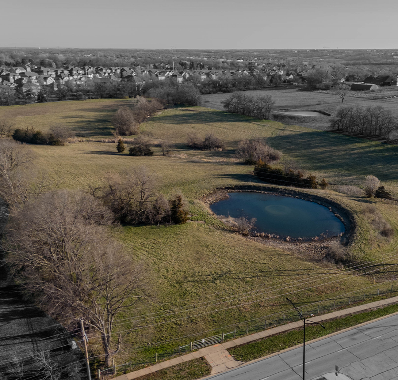 An aerial image of land dedicated to be used as Pioneer Park