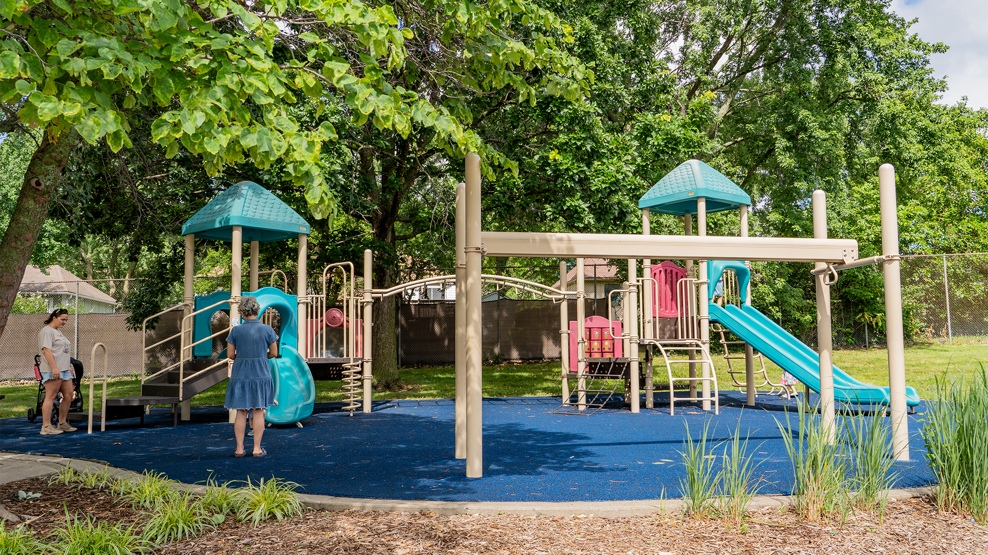 A teal colored playground