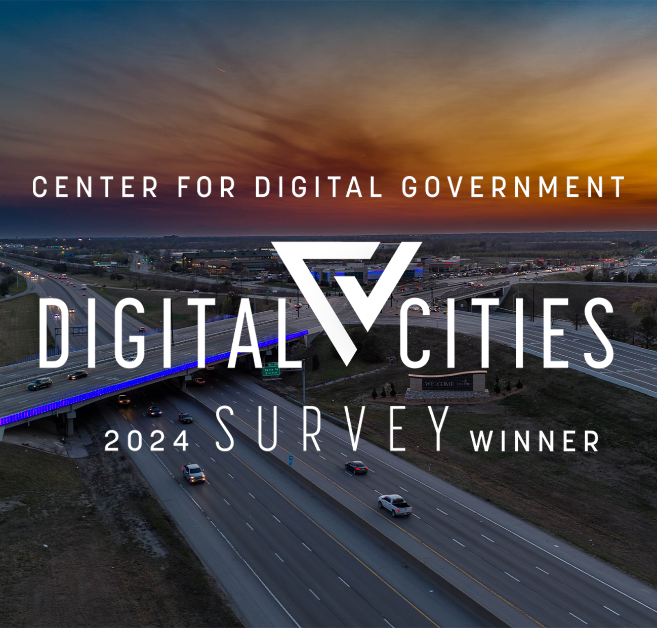 Aerial view of the 119th St. Bridge in Olathe, with a logo overlay that reads Center For Digital Government Digital Cities 2024 Survey Winner