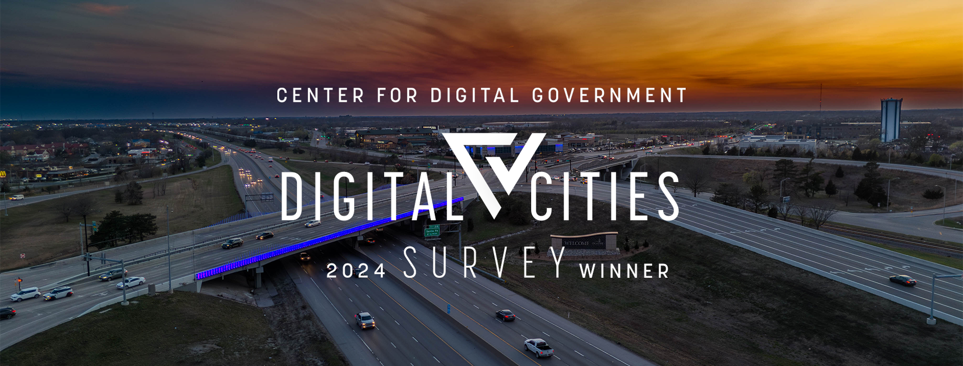 Aerial view of the 119th St. Bridge in Olathe, with a logo overlay that reads Center For Digital Government Digital Cities 2024 Survey Winner